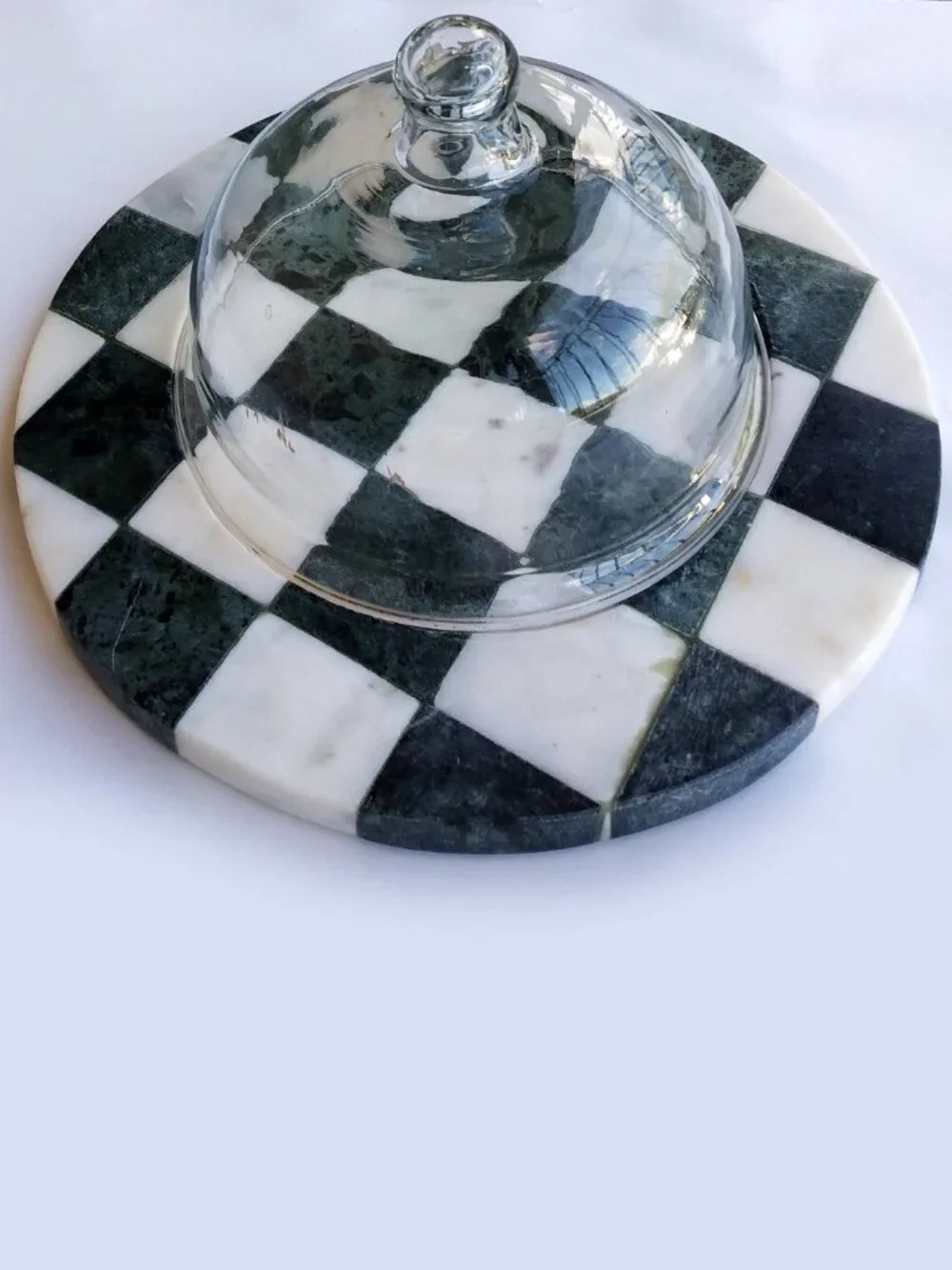 Glass Cloche with Marble Checkerboard Base